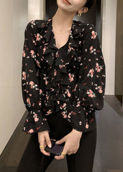 New Black Ruffled Print Chiffon Blouses Flare Sleeve