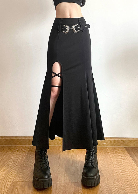 New Black Side Open High Waist Patchwork Cotton Fishtail Skirts Fall