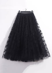 New Black Solid Pleated Tulle Skirt High Waist