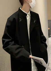 New Black Stand Collar Pockets Solid Spandex Men Coat Fall