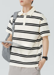 New Black Striped Button Cotton Men Polo Shirt Summer