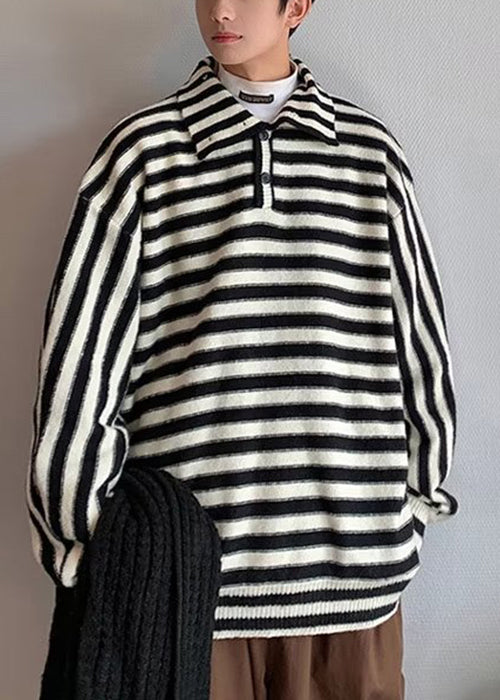 New Black Striped Turtleneck Button Knit Men Sweaters Fall