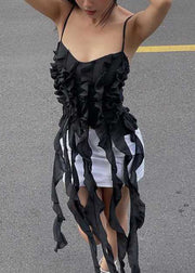 New Black Tasseled Ruffled Cotton Spaghetti Strap Tank Summer