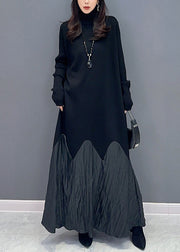 New Black Turtleneck Patchwork Cotton Long Dress Long Sleeve