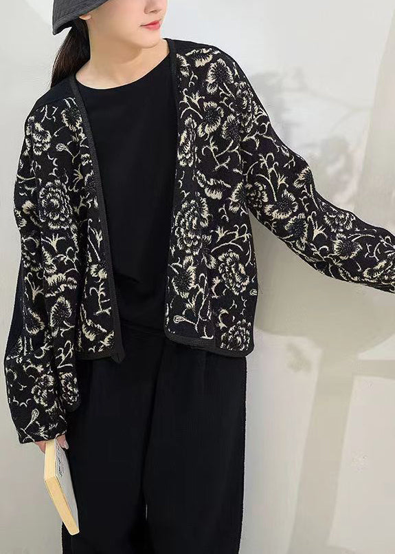 New Black V Neck Jacquard Patchwork Woolen Coats Fall