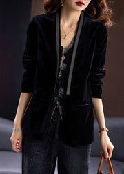 New Black V Neck Nail Bead Pockets Silk Velour Coats Long Sleeve