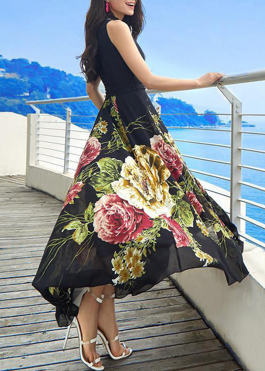 New Black V Neck Print Chiffon Long Dresses Sleeveless