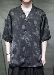 New Black V Neck Print Ice Silk Mens Tshirt Summer