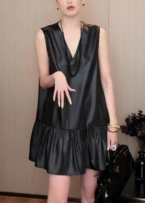 New Black V Neck Solid Silk Mid Dress Sleeveless