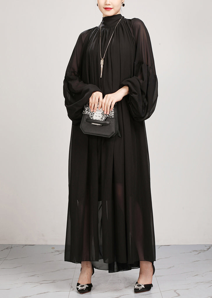 New Black Wrinkled Loose Chiffon Long Dress Fall