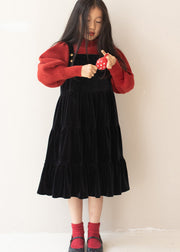 New Black Wrinkled Patchwork Silk Velour Kids Girls Long Dresses Fall