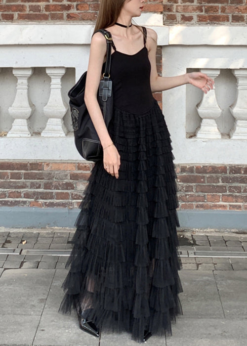 New Black Wrinkled Solid Tulle Spaghetti Strap Dress Sleeveless