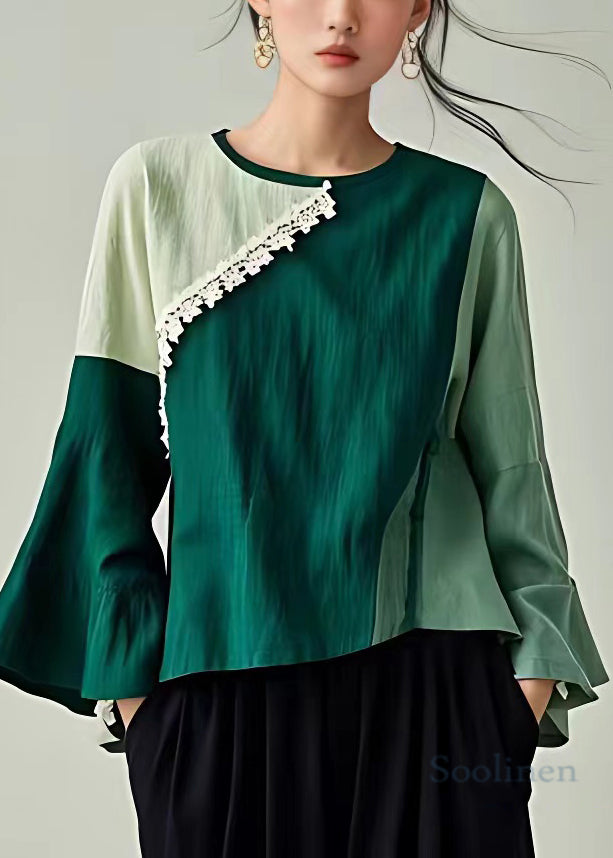 New Blackish Green O Neck Patchwork Cotton Top Flare Sleeve