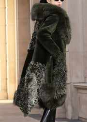 New Blackish Green Pockets Fox Collar Patchwork Fuzzy Fur Coats Winter