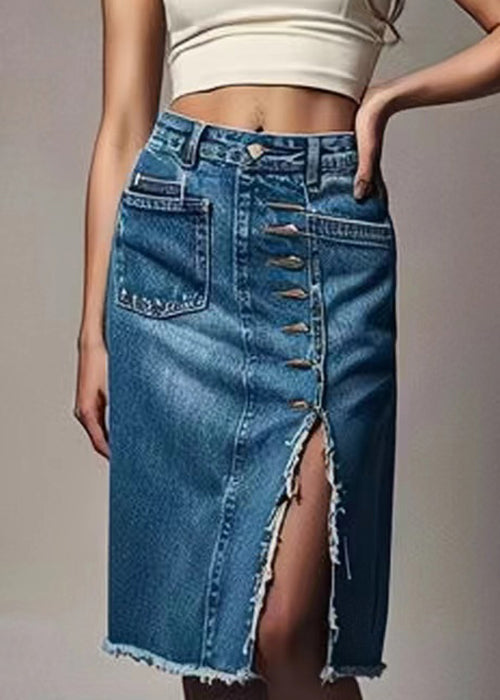 New Blue Button Front Open High Waist Denim Skirts Summer