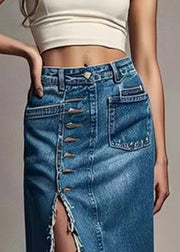 New Blue Button Front Open High Waist Denim Skirts Summer