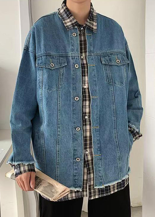 New Blue Button Patchwork False Two Pieces Denim Mens Coats Fall