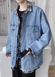 New Blue Button Patchwork False Two Pieces Denim Mens Coats Fall