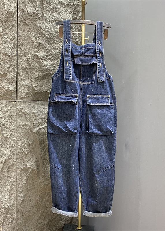 New Blue Button Pockets Denim Jumpsuits Sleeveless