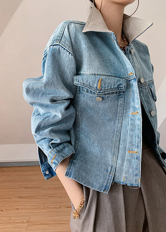 New Blue Button Pockets Patchwork Denim Coats Spring