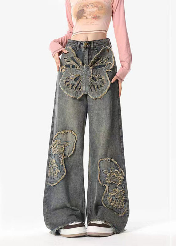 New Blue Detachable Butterfly Patch Denim Straight Leg Pants Spring