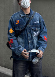 New Blue Embroideried Button Denim Men Coat Fall