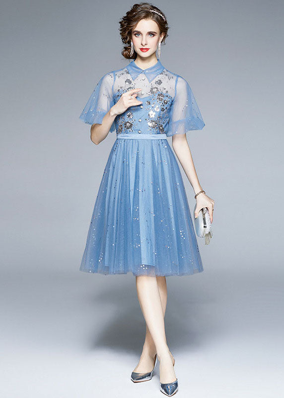 New Blue Embroideried Sequins Patchwork Tulle Mid Dress Puff Sleeve