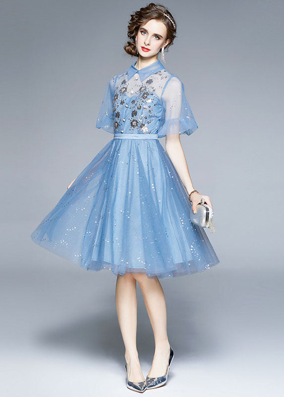 New Blue Embroideried Sequins Patchwork Tulle Mid Dress Puff Sleeve