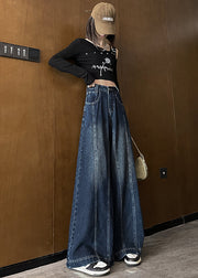 New Blue High Waist Patchwork Denim Wide Leg Pants Spring