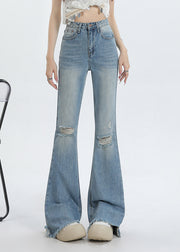 New Blue High Waist Tasseled Ripped Jeans Summer