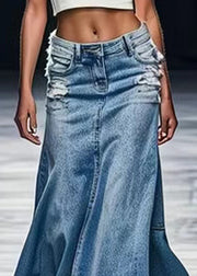 New Blue Hole Pockets High Waist Denim Maxi Skirts Summer
