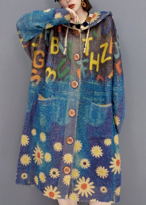 New Blue Hooded Pockets Print Knit Sweater Coat Winter