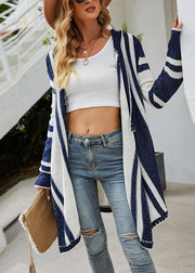 New Blue Hooded Striped Asymmetrical Knit Loose Coat Fall