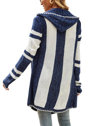 New Blue Hooded Striped Asymmetrical Knit Loose Coat Fall