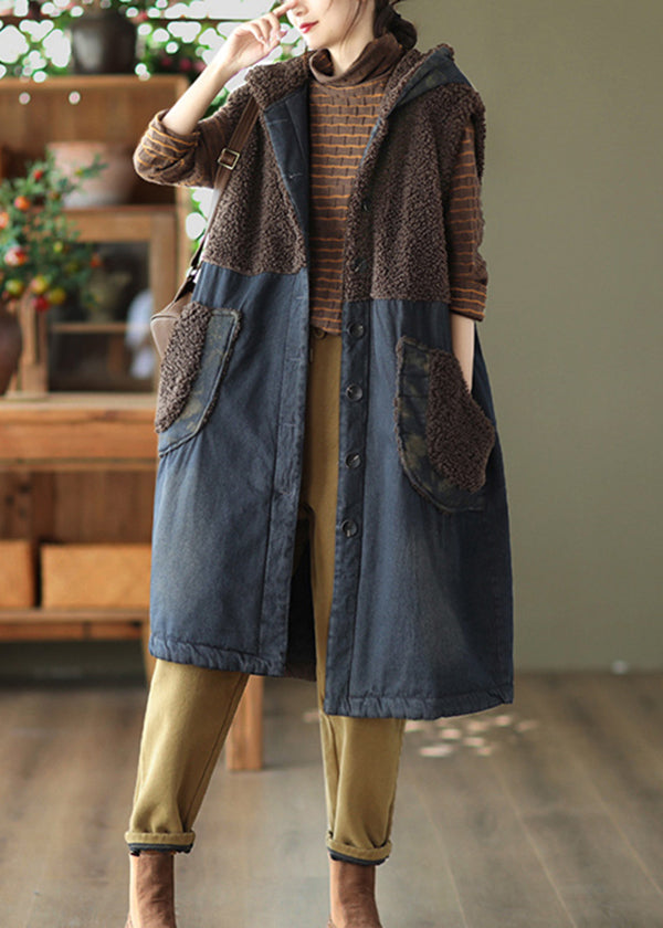 New Blue Hooded Teddy Patchwork Fine Cotton Filled Denim Vest Fall