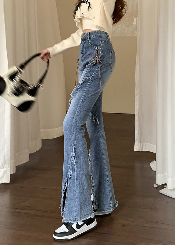 New Blue Lace Up High Waist Denim Flared Trousers Spring