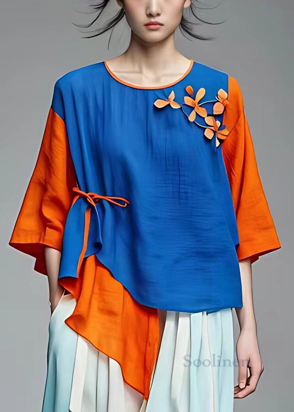 New Blue O-Neck Asymmetrical Patchwork Cotton Top Half Sleeve