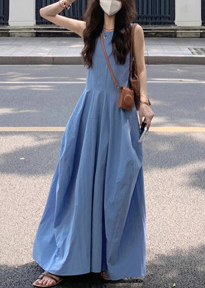 New Blue O Neck Pockets Solid Cotton Long Dress Sleeveless