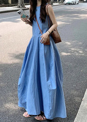 New Blue O Neck Pockets Solid Cotton Long Dress Sleeveless