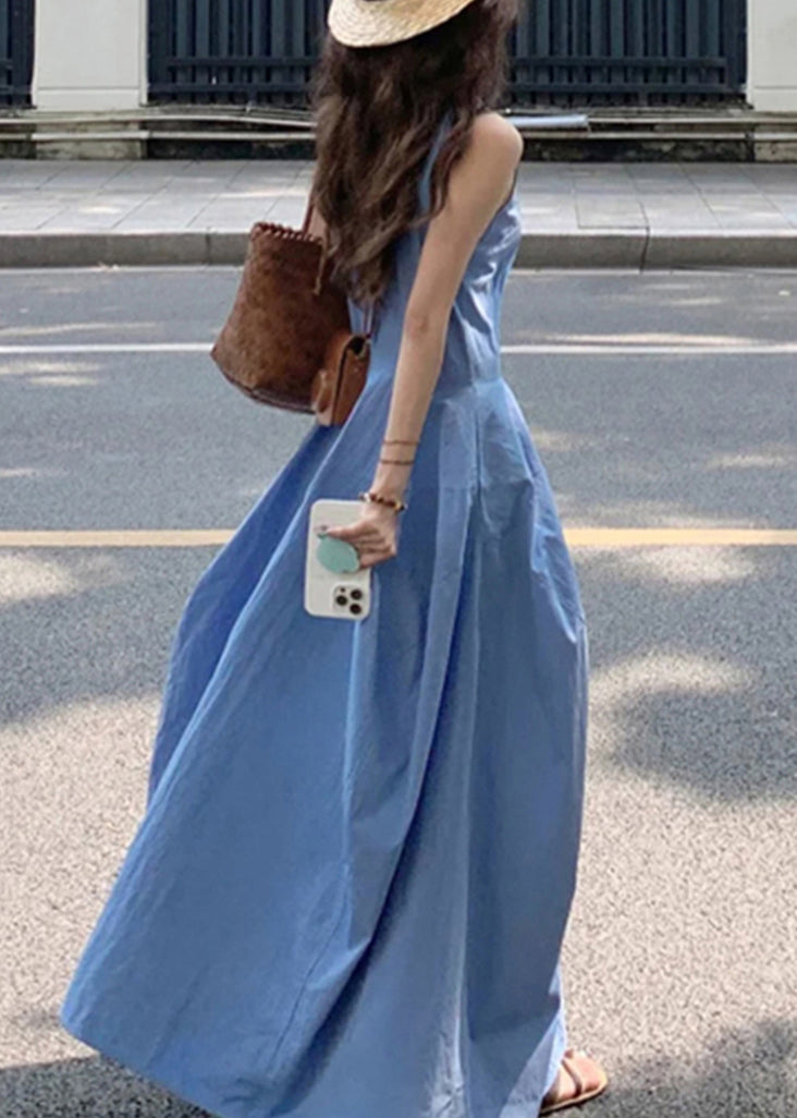 New Blue O Neck Pockets Solid Cotton Long Dress Sleeveless