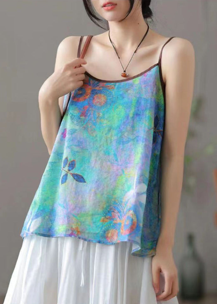 New Blue O Neck Print Cotton Spaghetti Strap Tank Sleeveless