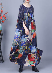 New Blue O Neck Print Patchwork Silk Maxi Dresses Bracelet Sleeve