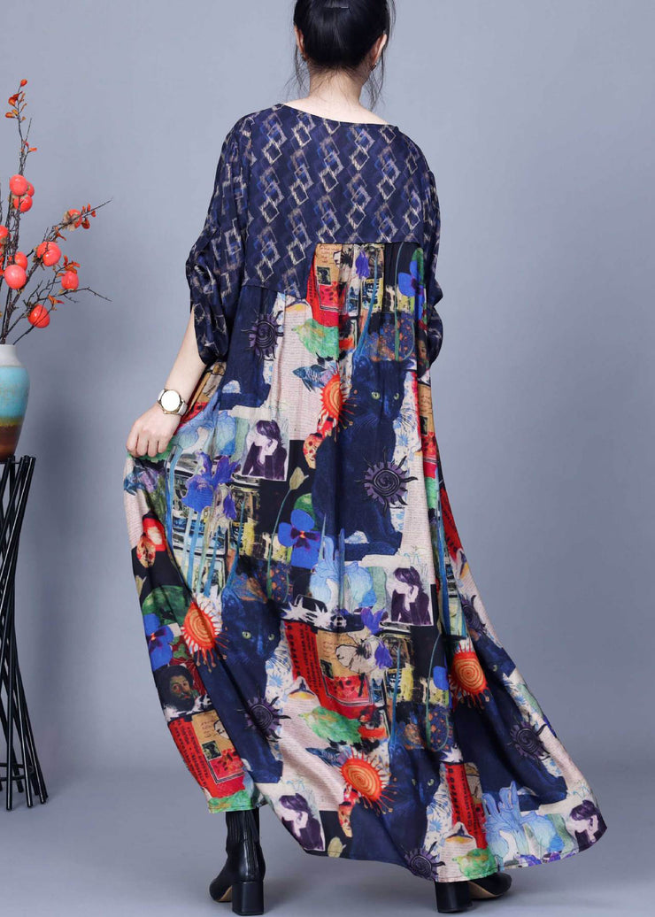 New Blue O Neck Print Patchwork Silk Maxi Dresses Bracelet Sleeve