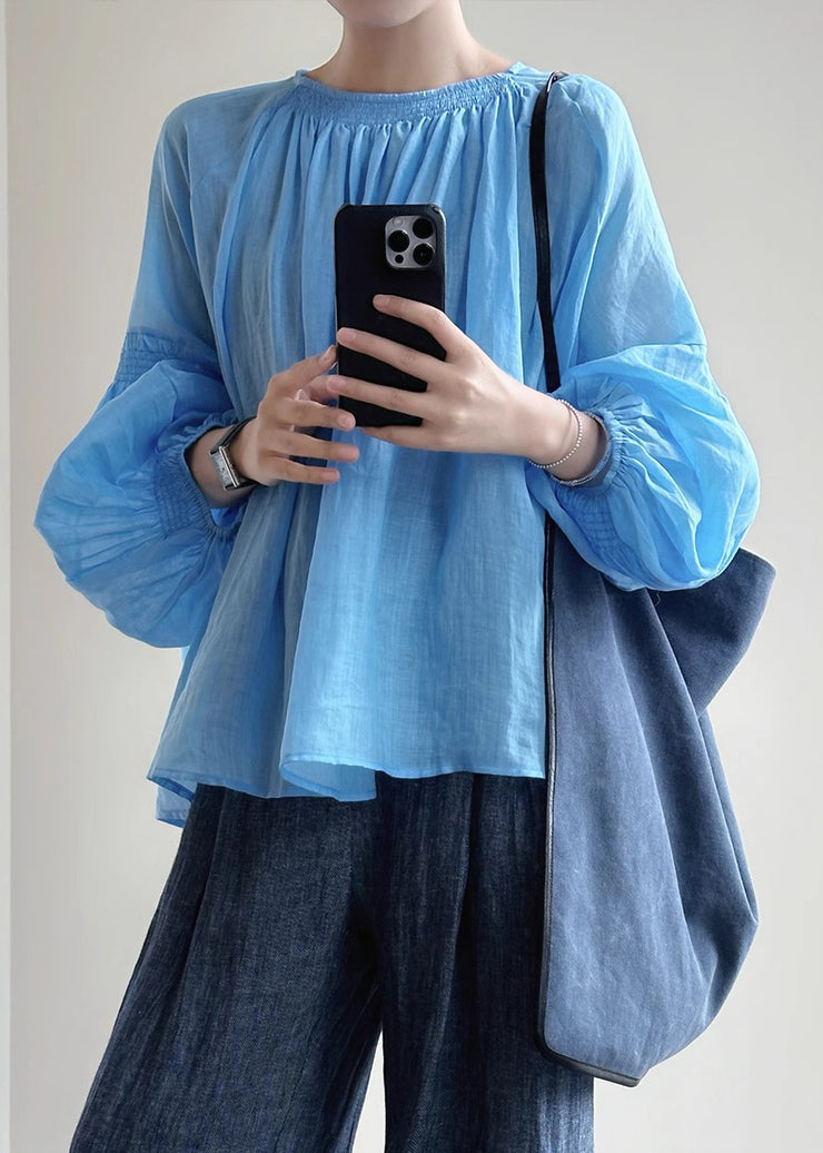 New Blue O-Neck Solid Cotton Shirt Lantern Sleeve