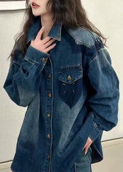 New Blue Peter Pan Collar Button Denim Shirts Coats Long Sleeve