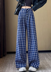 New Blue Plaid High Waist Cotton Wide Leg Pants Fall