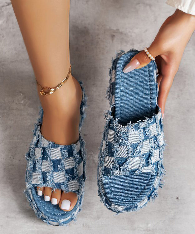 New Blue Platform Bottom Denim Tassel Checkered Slide Sandals