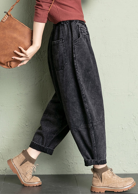 New Blue Pockets Elastic Waist Denim Crop Pants Summer