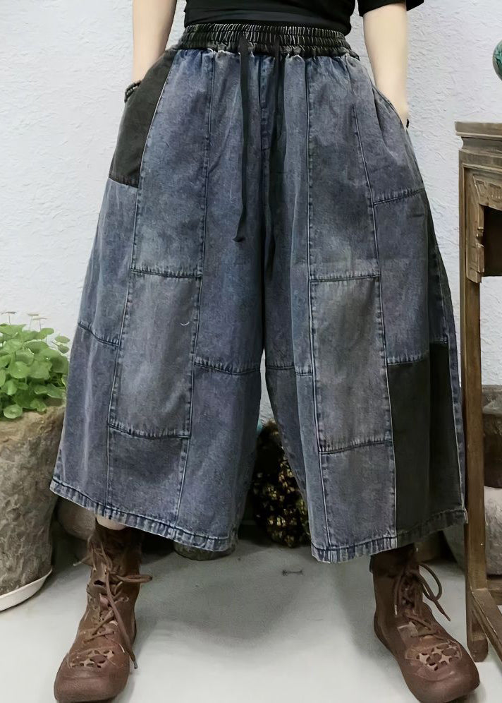 New Blue Pockets Elastic Waist Patchwork Denim Crop Pants Summer