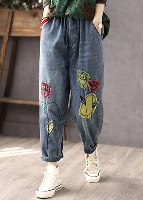 New Blue Pockets Elastic Waist Patchwork Jeans Spring